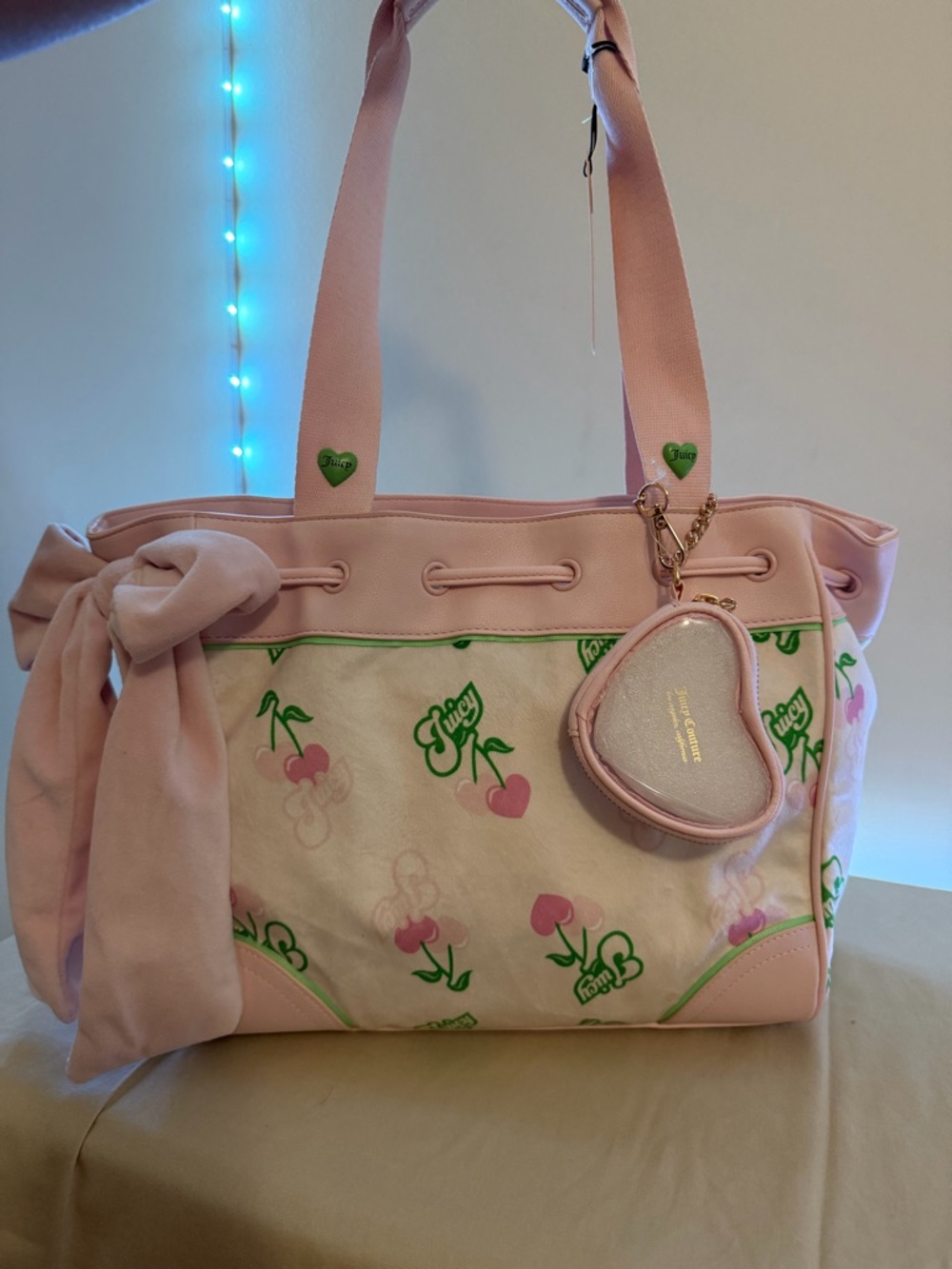 Juicy Couture Pink Cherry Print Tote with Heart Pouch